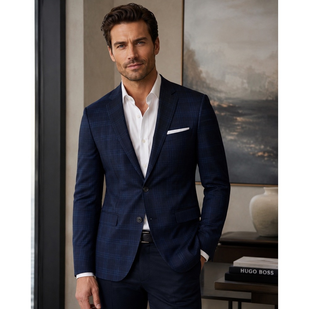 Hugo Boss Hartlay Slim Fit 100% Wool Plaid ‎ Blazer Jacket Navy Blue Men's 34R